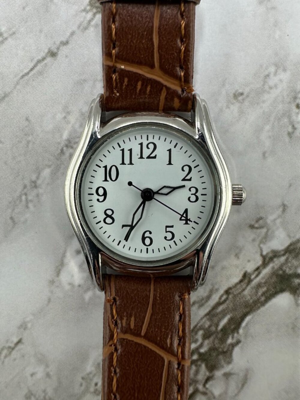 3/$30 Calvin Hill Watch Women Silver Tone White Dial 26MM Brown Band  8"